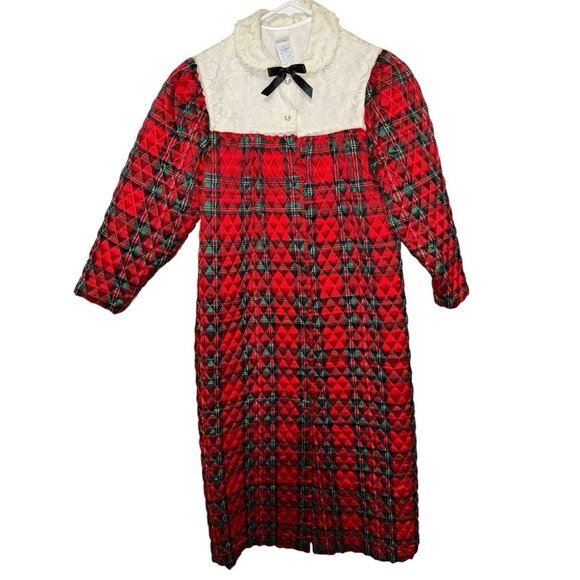 Her Majesty Vintage Girls Robe Quilted Red Plaid Christmas Lace SZ 8 - Picture 3 of 14